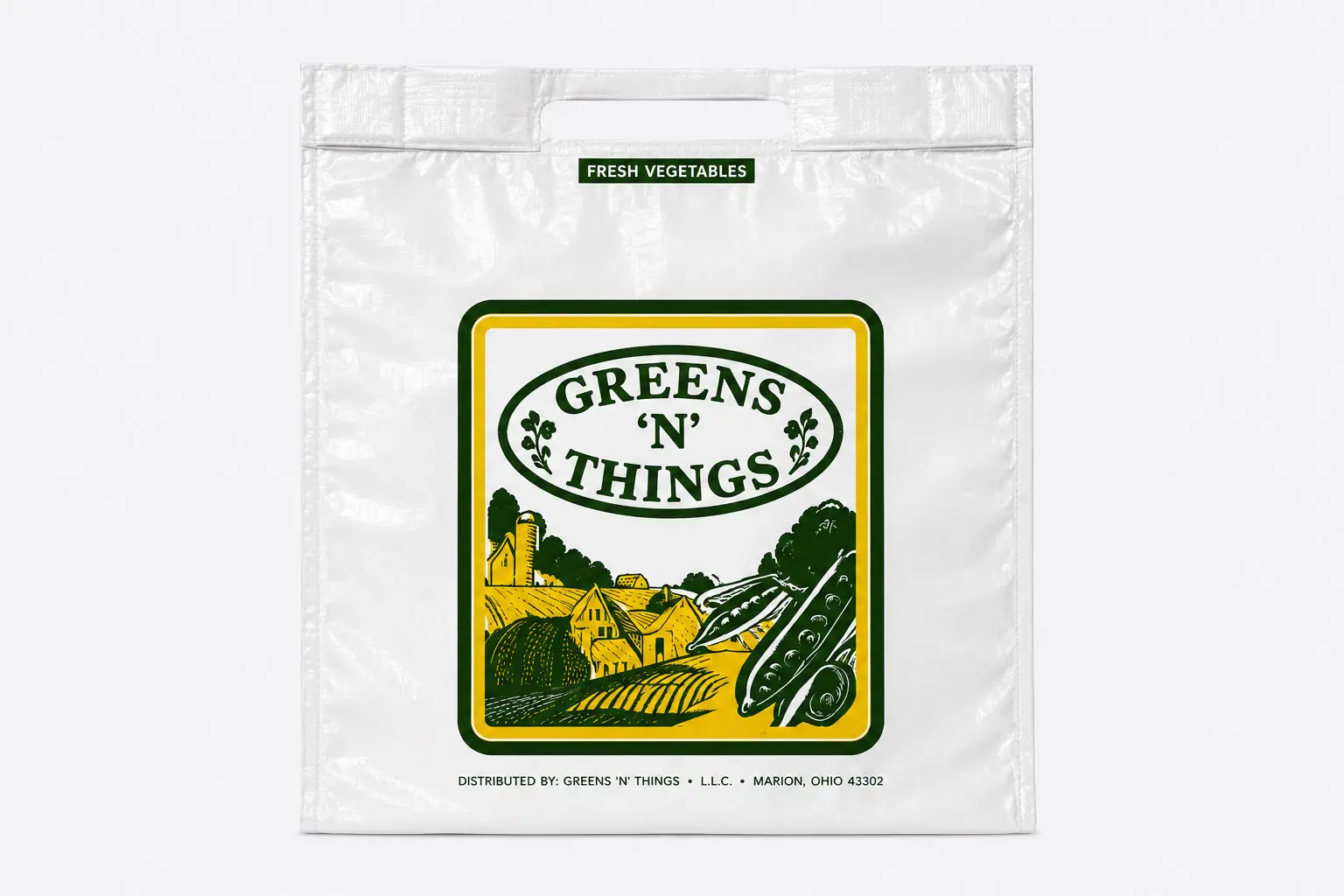 17W x 18L x 6BG + 1.5" Lip, Produce Bags, Printed "Greens N' Things"