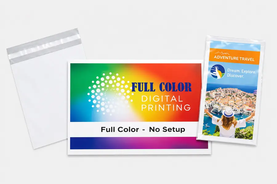 7W x 12L, Quick Print Full Color White Poly Self-Seal Mailers, 1 Sided Imprint